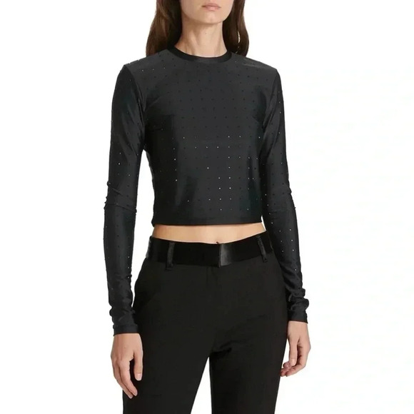 FRAME Women's Cropped Long Sleeve Rhinestone Top Size Small Color Black - Picture 1 of 7